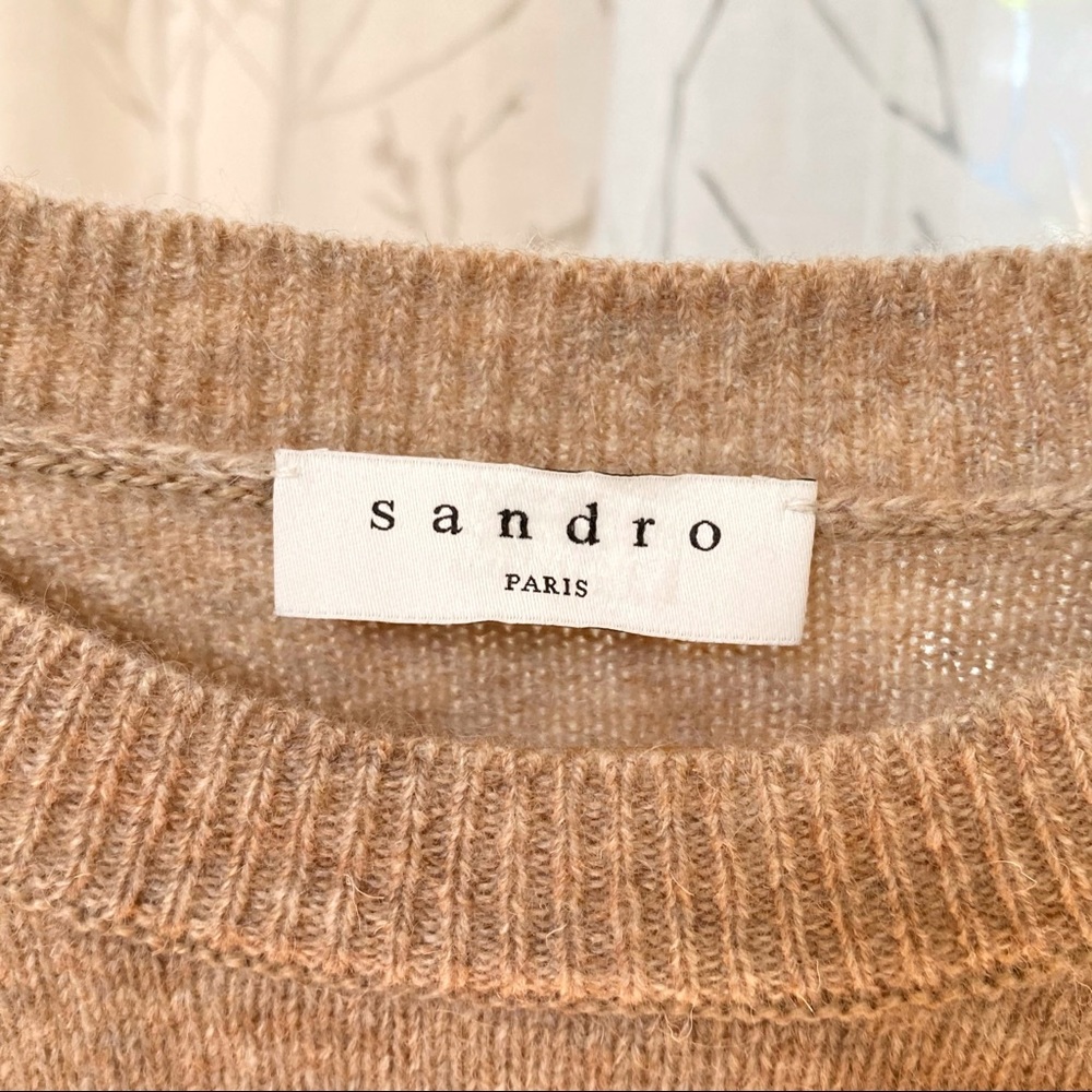 Sandro amour tan brown green white stripe long sleeves crewneck wool sweater top - Picture 9 of 13